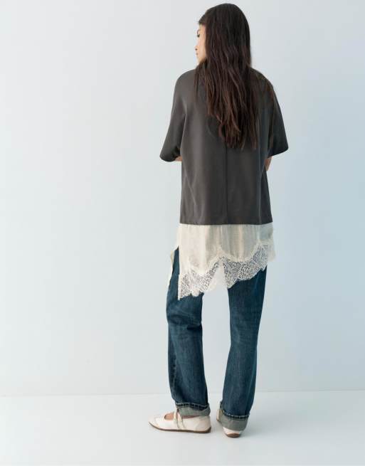 Pull&Bear - Grå T-shirt med blondekant i kontrast, 4 af 4