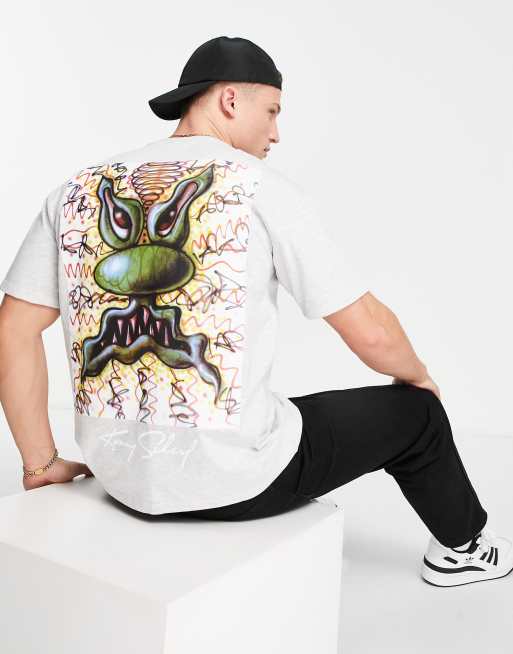 Pull&Bear – Grå t-shirt med Kenny Scharf-tryck baktill