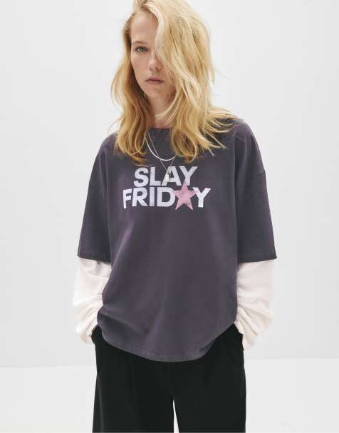 Pull&Bear – Grå t-shirt med två ärmlager - view 1