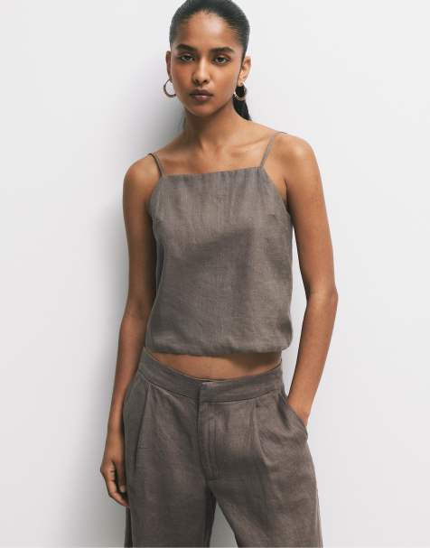 Pull&Bear - Gråbrun top i 100% hør - view 1