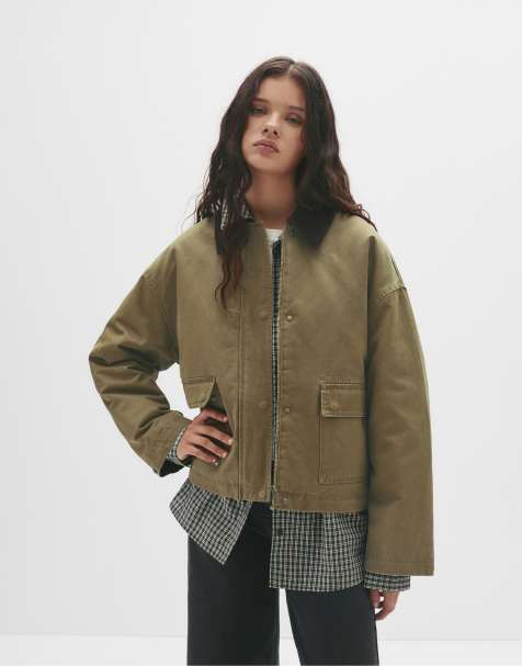 Pull&Bear - Gråbrun voksbehandlet jakke med fløjlskrave - view 1