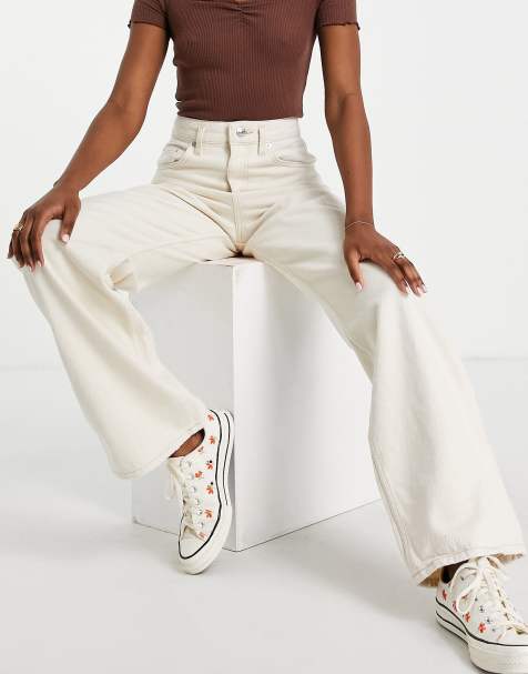 Pull&Bear – Gräddvita jeans med vida ben och toppsömmar - view 1