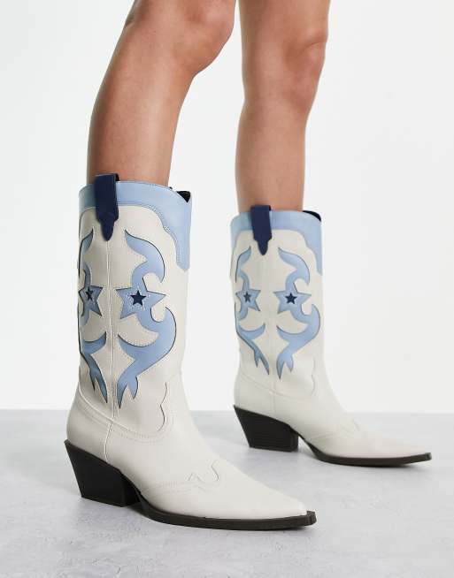 Pull&Bear – Gräddvita och blå cowboy-boots