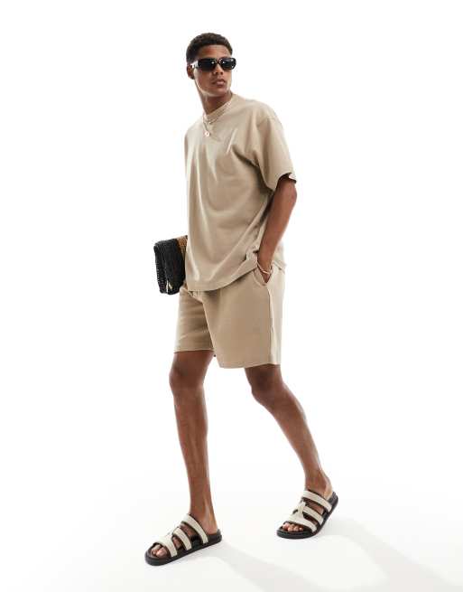Pull&Bear – Gräddvita våffelstrukturerade shorts, del av set