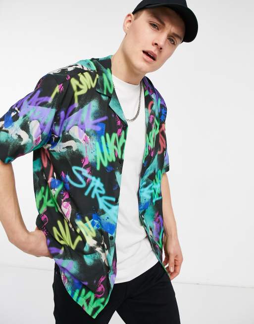 Pull&Bear graffiti printed shirt in multi colour