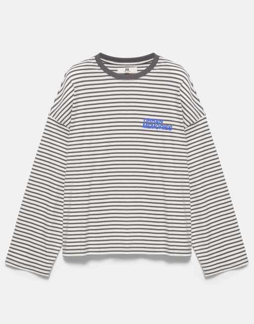 Pull&Bear grafisk randig t-shirt i grått, 6 av 7