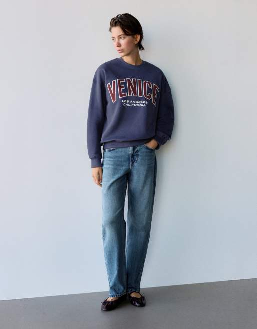 Pull&Bear grafisk sweatshirt med rund hals i navy, 4 af 6