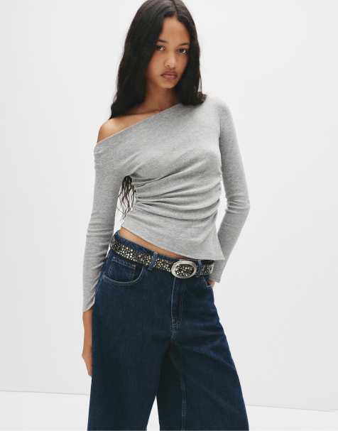 Pull&Bear – Gråmelerad, asymmetrisk topp med långa ärmar - view 1