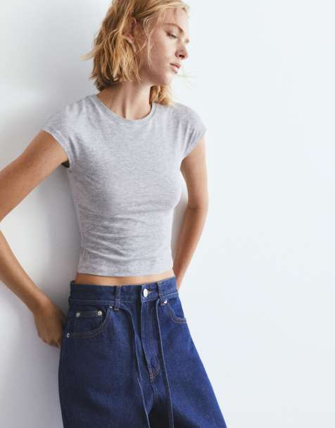 Pull&Bear – Gråmelerad, figurnära t-shirt med vida ärmar - view 1