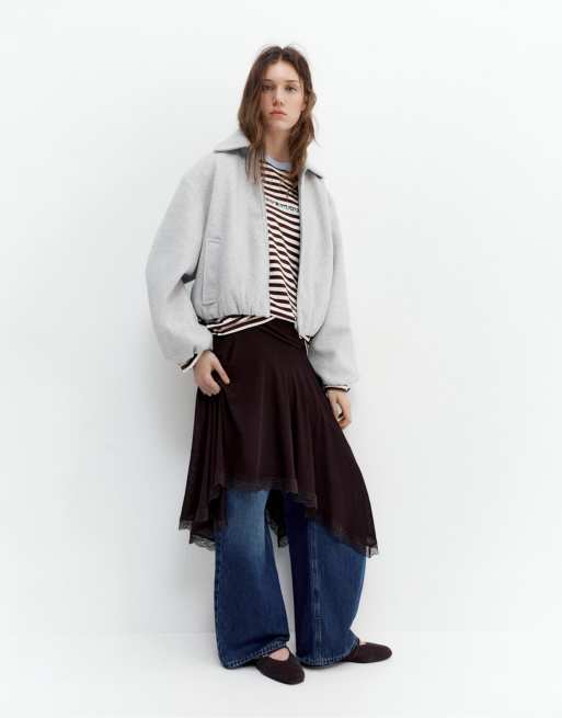 Pull&Bear – Gråmelerad, mjuk jacka med ballongben, 3 av 4