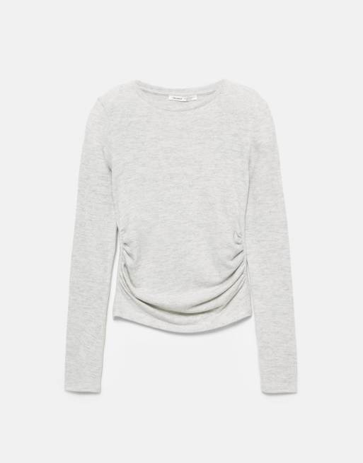 Pull&Bear – Gråmelerad, mjuk t-shirt med rynkning, 5 av 6