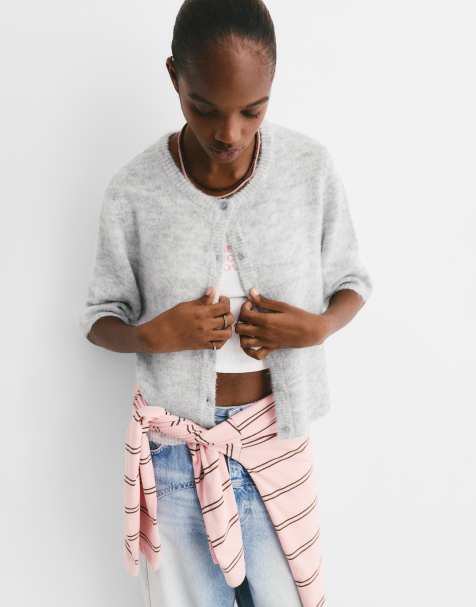 Pull&Bear – Gråmelerad, stickad kofta med korta ärmar - view 1