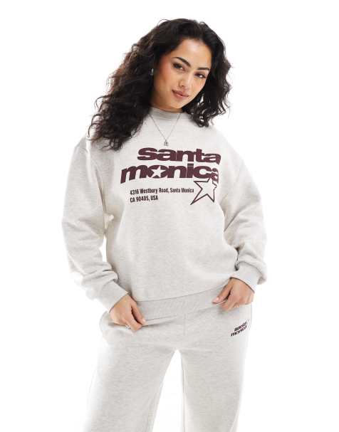 Pull&Bear – Gråmelerad sweatshirt med "Santa Monica"-tryck, del av set - view 1