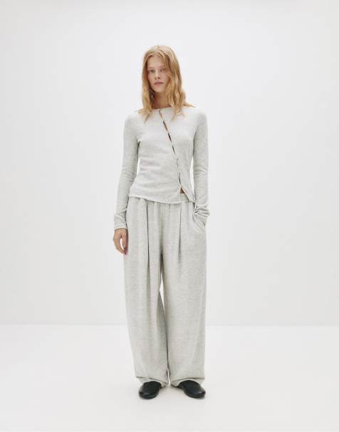 Pull&Bear - Gråmelerede sweatpants med brede ben - view 1