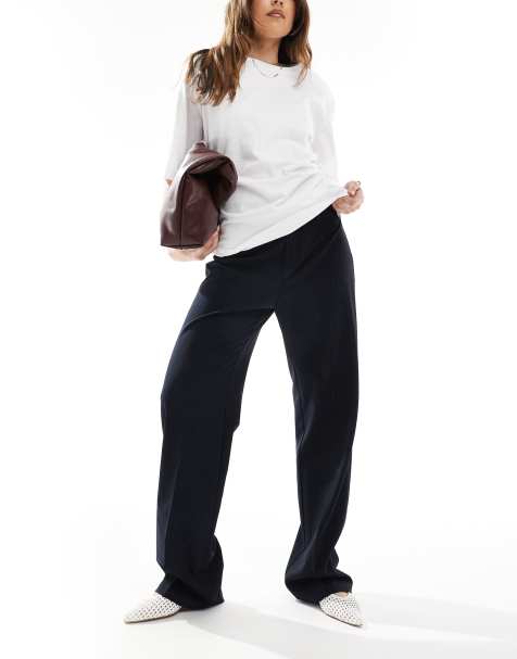 Pull&Bear high waist straight leg tailored trouser in navy