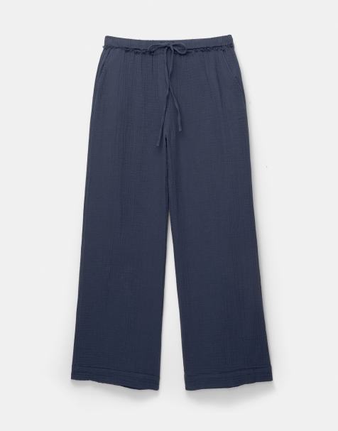 Pull&Bear textured crinkle wide leg trouser in navy