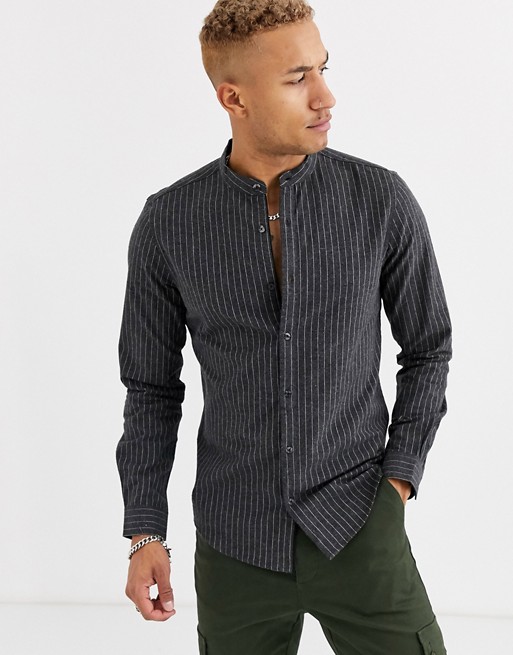 Pull&Bear grandad collar shirt with vertical stripe in grey