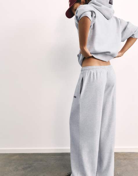 Pull&Bear graphic broek met wijde pijpen in grijs gemêleerd - view 1