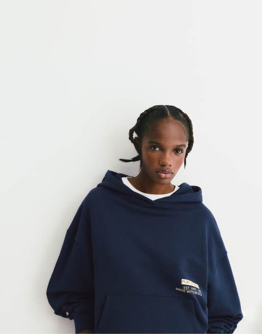 Pull&Bear Graphic detail hoodie in navy ASOS