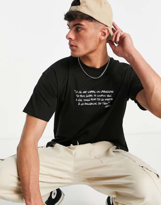 Pull&Bear graphic french slogan t-shirt in black