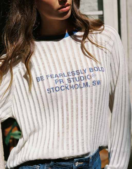 Pull&Bear graphic gebreid T-shirt in ijsblauw, 4 van 7