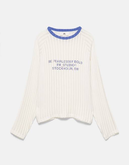 Pull&Bear graphic gebreid T-shirt in ijsblauw, 5 van 7