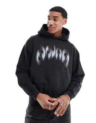 graphic graffiti printed hoodie in washed black-Gray