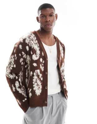 graphic knitted cardigan in brown-Red