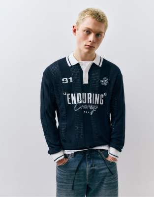 Pull & Bear Graphic Knitted Football Polo Shirt In Blue