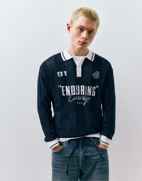 Pull&Bear Graphic knitted football polo shirt in navy