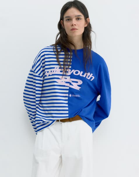 Pull&Bear Graphic panel t-shirt in dark blue