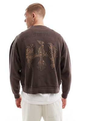 Pull&Bear Pull&Bear graphic printed sweatshirt in washed brown-Black