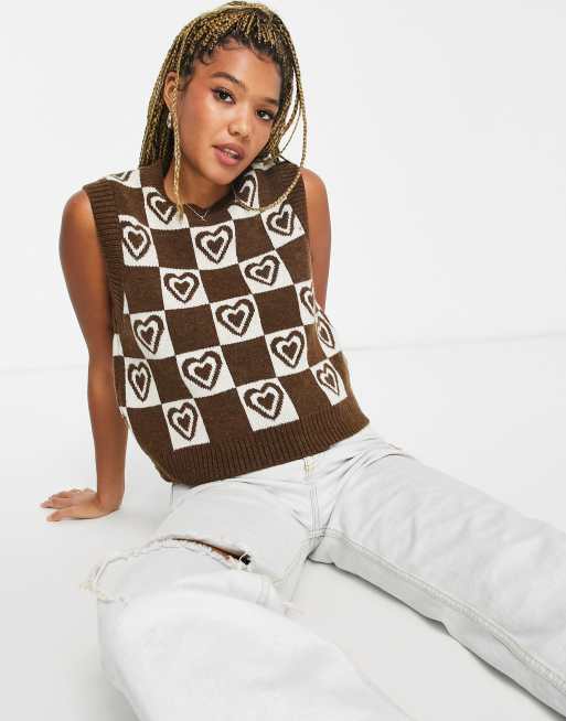 Pull Bear graphic sleeveless vest with heart print in brown