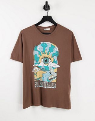 Pull&Bear graphic t-shirt with slogan in brown
