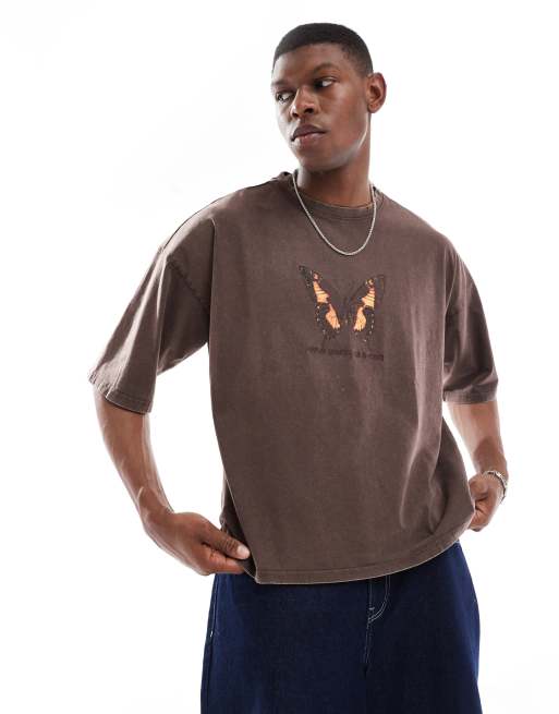 Pull&Bear graphic washed t-shirt in charcoal 