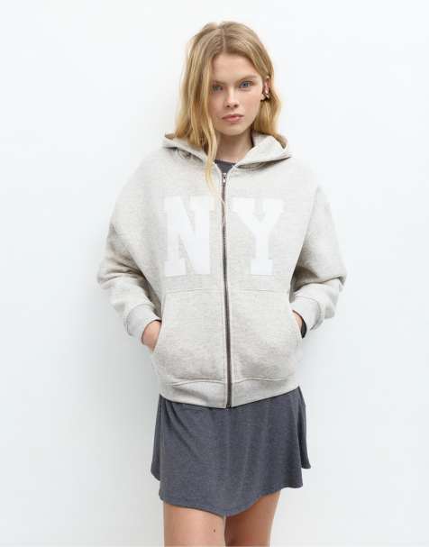 Pull&Bear Graphic zip-up hoodie in grey marl