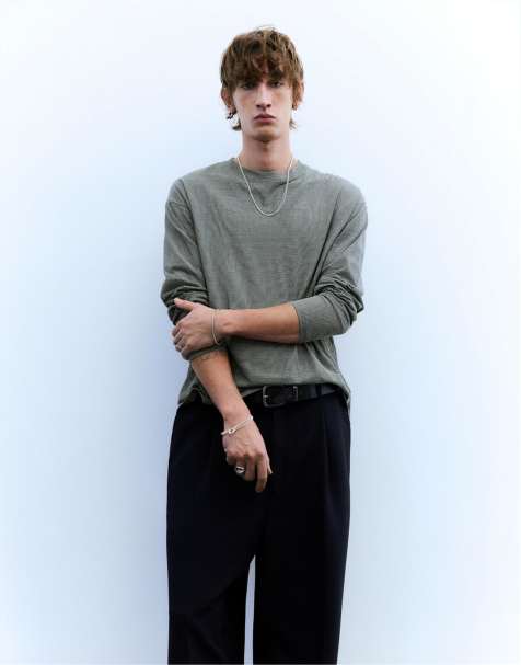 Pull&Bear – Grårandig t-shirt med långa ärmar - view 1