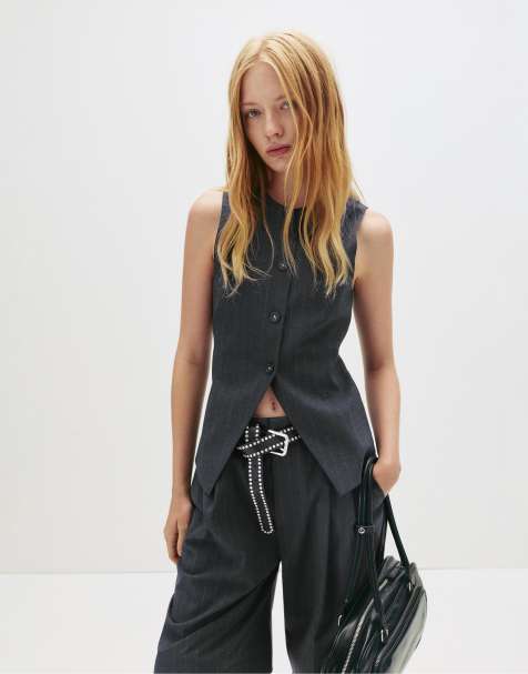 Pull&Bear – Grått, kritstrecksrandigt linne i lång modell - view 1