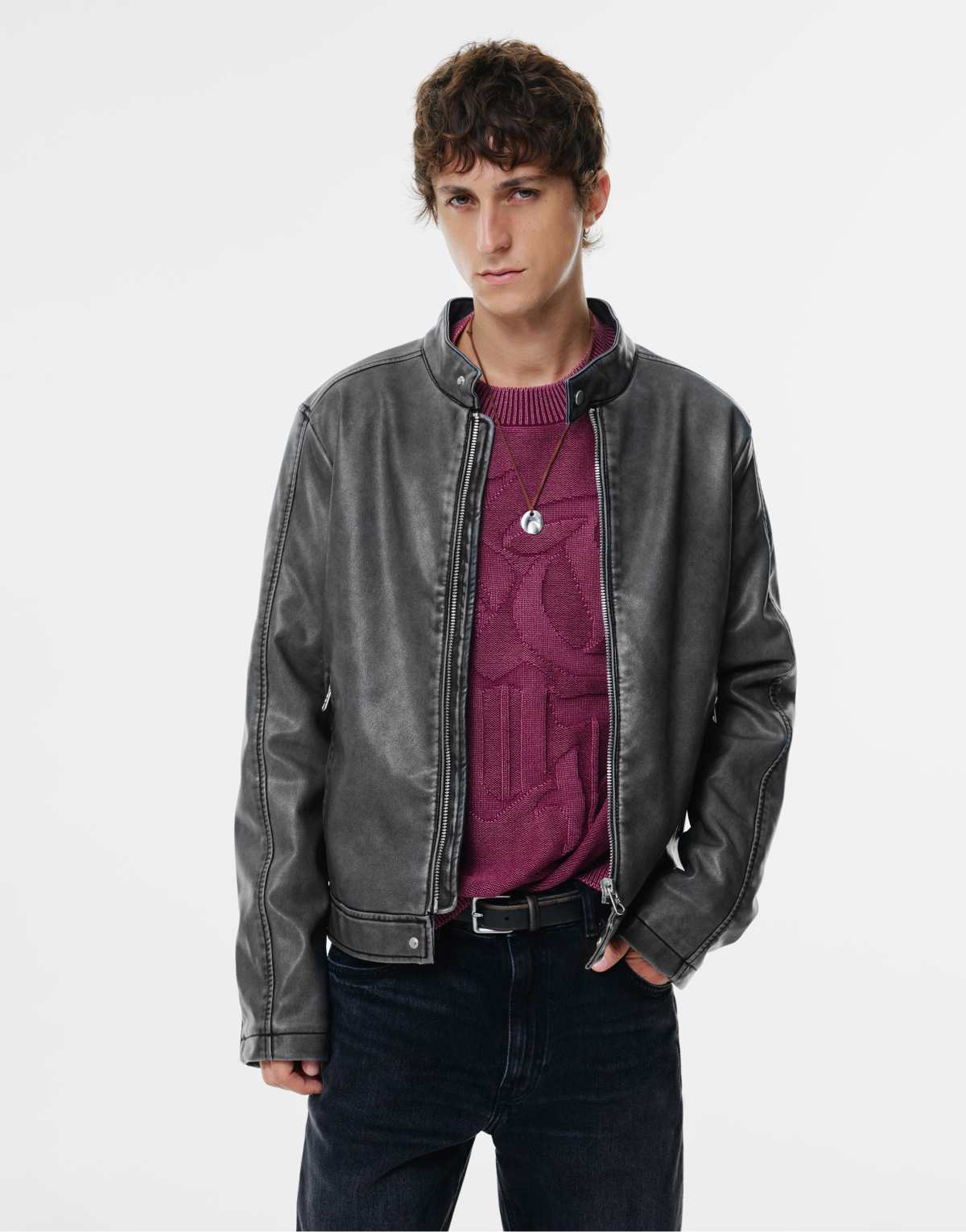 Pull&Bear Grey leather effect jacket in grey