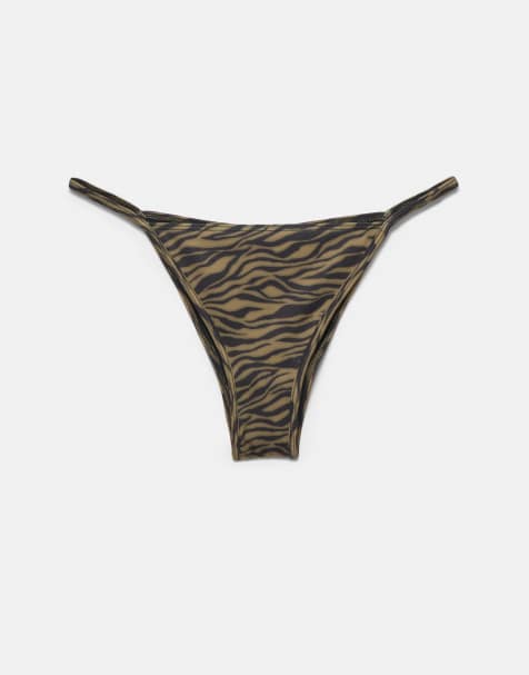 Pull&Bear - Grønne rynkede bikinitrusser med indsyning og zebraprint - view 1