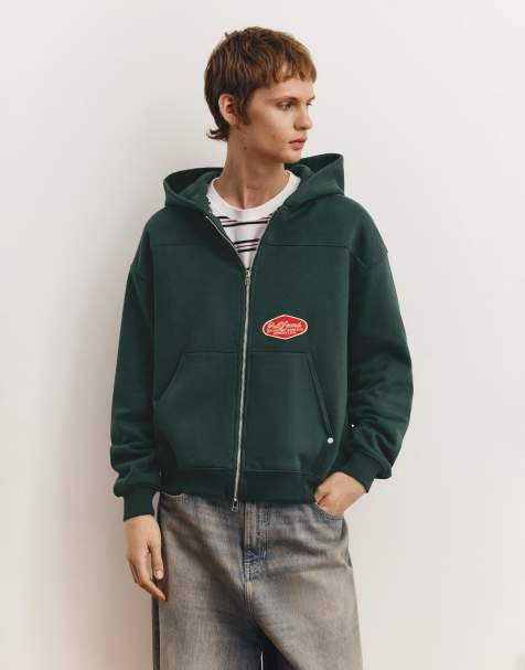 Pull&Bear – Grön huvtröja med dragkedja och påsydda märken - view 1