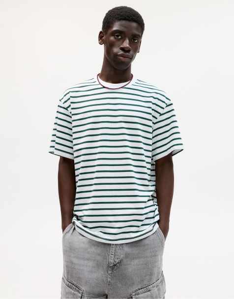 Pull&Bear – Grön, randig t-shirt med korta ärmar - view 1