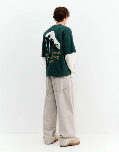 Pull&Bear – Grön t-shirt med dubbla ärmar och tryck - view 1