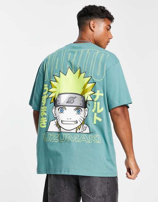 Pull&Bear – Grön t-shirt med 'Naruto Uzumaki'-tryck