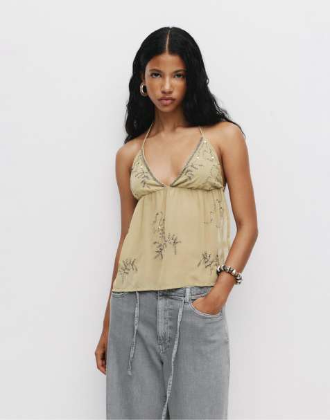 Pull&Bear – Grön topp med smala axelband och öppen rygg - view 1