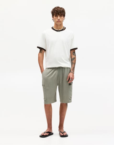 Pull&Bear – Gröna bermudashorts i linne med cargostil - view 1