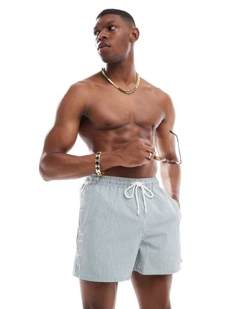 Pull&Bear – Gröna, randiga badshorts i kräpp - view 1