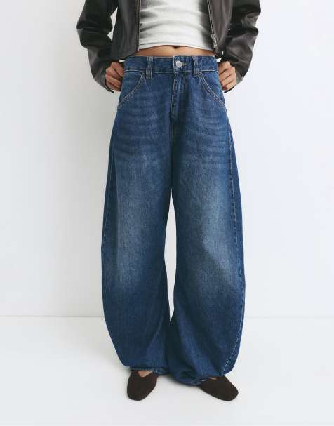 Pull&Bear – Grönblå baggy jeans med dekorativ söm - view 1