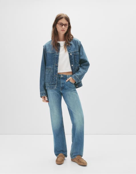 Pull&Bear – Grönblå, raka jeans med medelhög midja - view 1