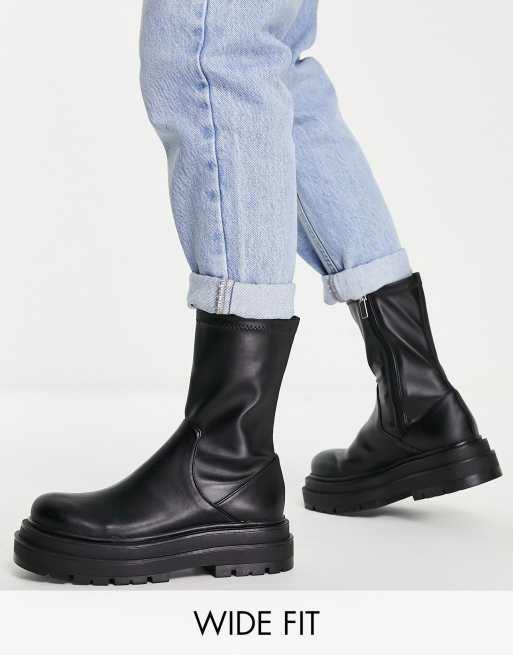 Pull&Bear – Grova platta ankelboots med bred passform och dragkedja i sidan